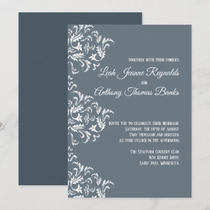 Elegant Modern Minimalist Dusty Blue Damask Invitation