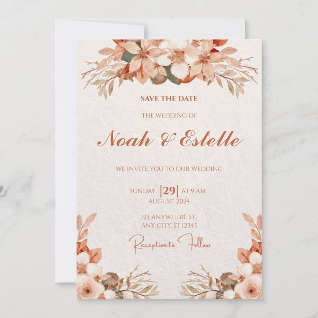 Elegant Modern Minimalist Floral Typograph Wedding Invitation (Front)