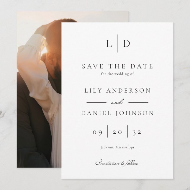 Elegant Modern Minimalist Monogram Photo Wedding Save The Date (Front/Back)