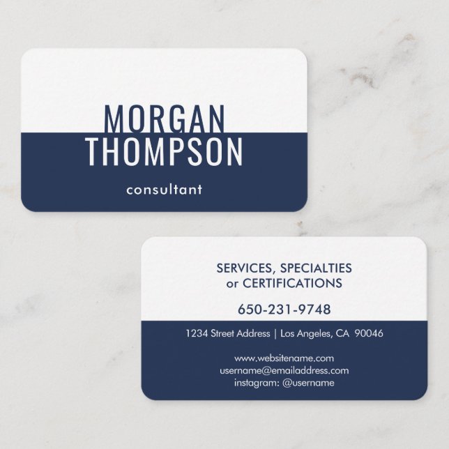 Elegant Modern Minimalist Plain Navy White Simple Business Card (Front/Back)