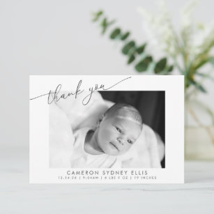 Elegant Modern Minimalist Script Baby Photo Birth Thank You Card