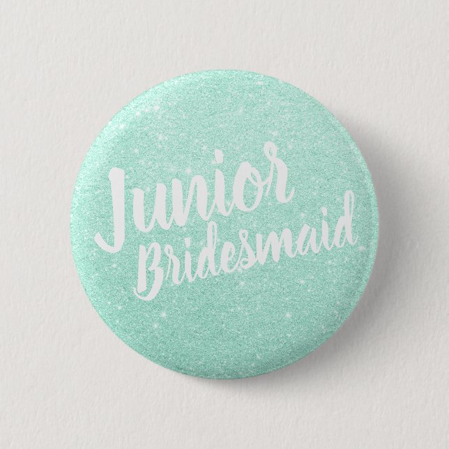 Elegant modern mint glitter junior bridesmaid 2 inch round button (Front)
