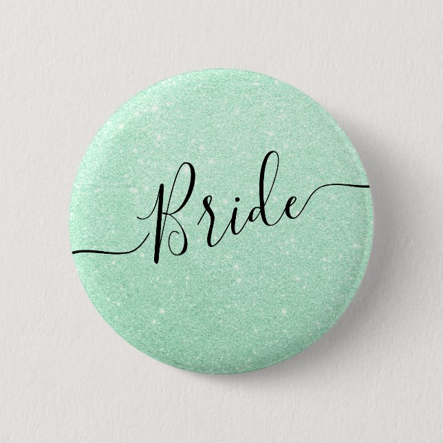 Elegant & modern mint green glitter bride wedding 2 inch round button (Front)