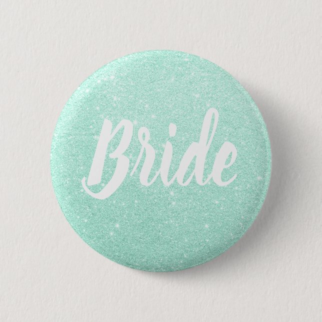Elegant & modern mint green glitter bride wedding 2 inch round button (Front)