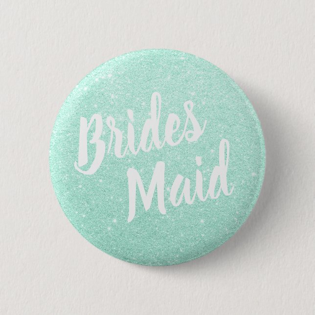 Elegant & modern mint green glitter bridesmaid 2 inch round button (Front)