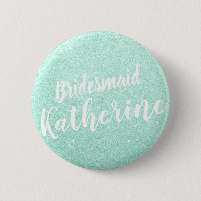 Elegant & modern mint green glitter bridesmaid 2 inch round button (Front)