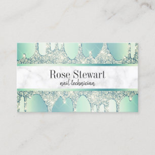 Elegant modern mint green glitter drips nails business card