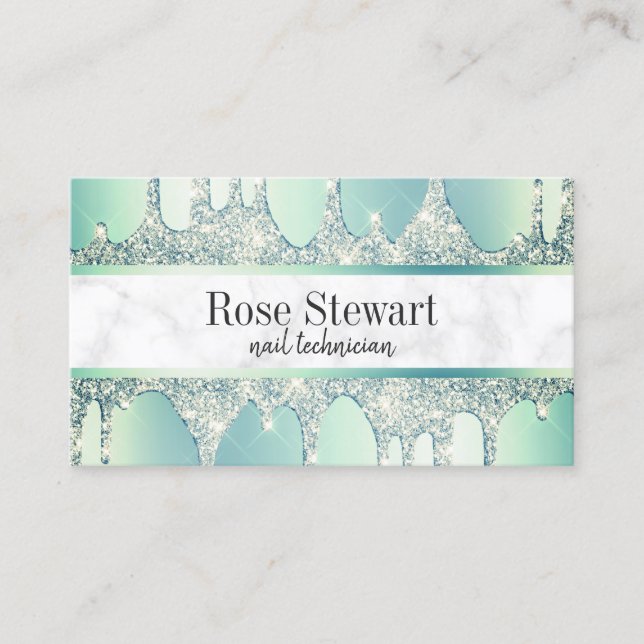 Elegant modern mint green glitter drips nails business card (Front)