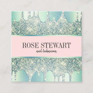 Elegant modern mint green glitter drips nails square business card