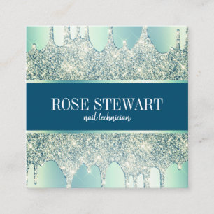 Elegant modern mint green glitter drips nails square business card