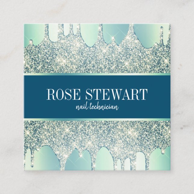 Elegant modern mint green glitter drips nails square business card (Front)
