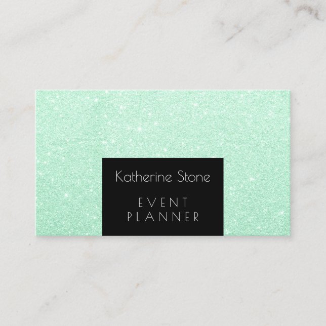 Elegant modern mint green glitter event planner business card (Front)