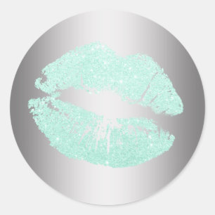 Elegant modern mint green glitter lips silver classic round sticker