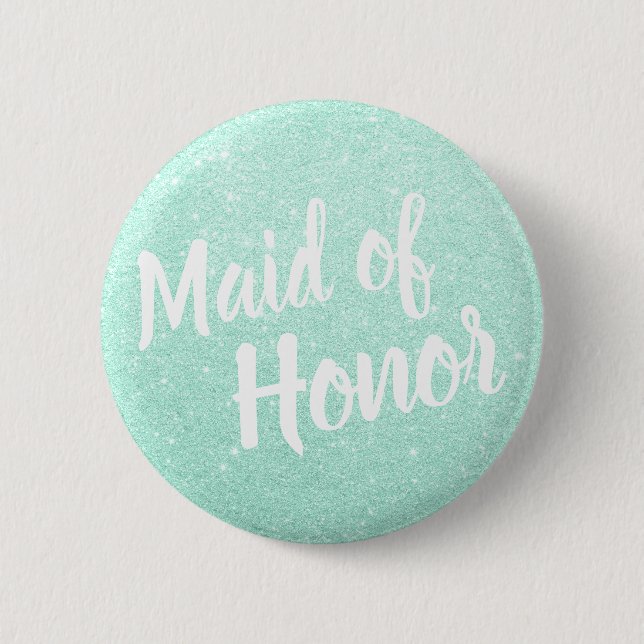 Elegant & modern mint green glitter maid of honour 2 inch round button (Front)