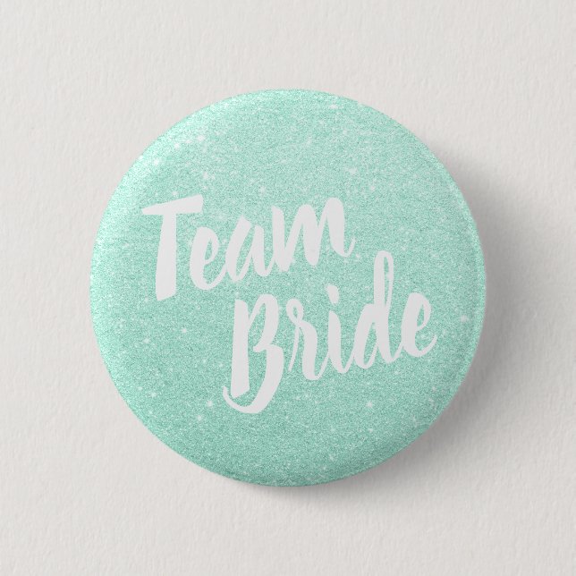 Elegant & modern mint green glitter team bride 2 inch round button (Front)