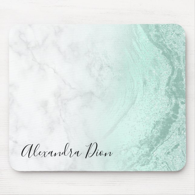 Elegant modern mint green glitter white marble mouse pad (Front)