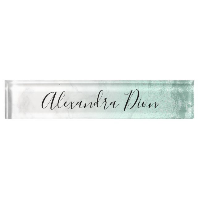 Elegant modern mint green glitter white marble nameplate (Front)
