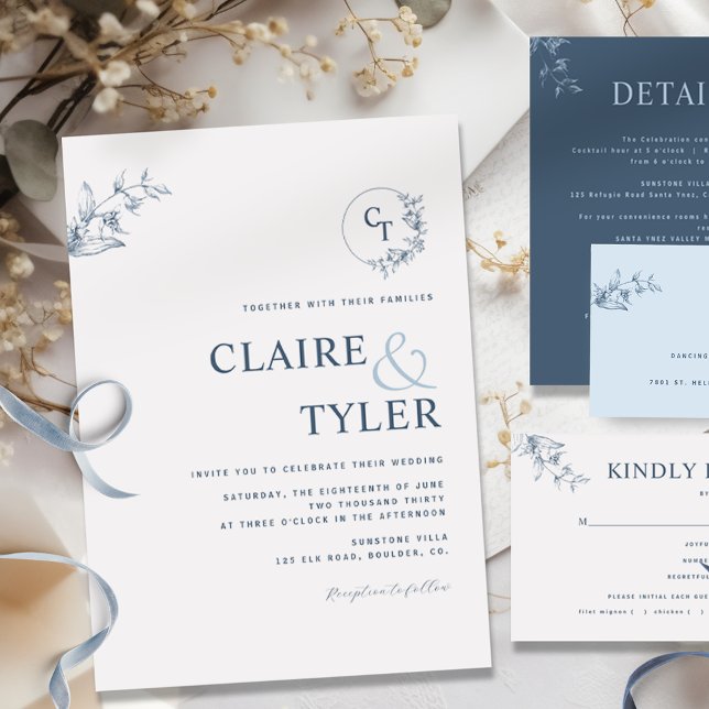 Elegant Modern Monogram Blue Wedding Invitation (Creator Uploaded)