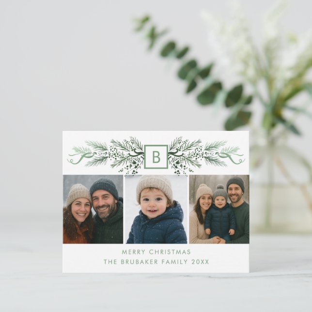 Elegant Modern Monogram Budget 3 Photo Christmas Holiday Postcard (Standing Front)