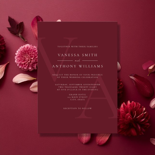 Elegant Modern Monogram Burgundy Wedding Invitation (Creator Uploaded)