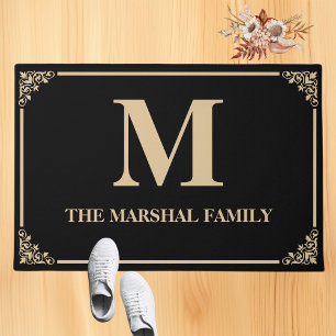 Elegant Modern Monogram Family Name Black Doormat