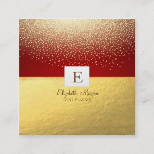 Elegant Modern Monogram Gold Confetti,Red Square Business Card