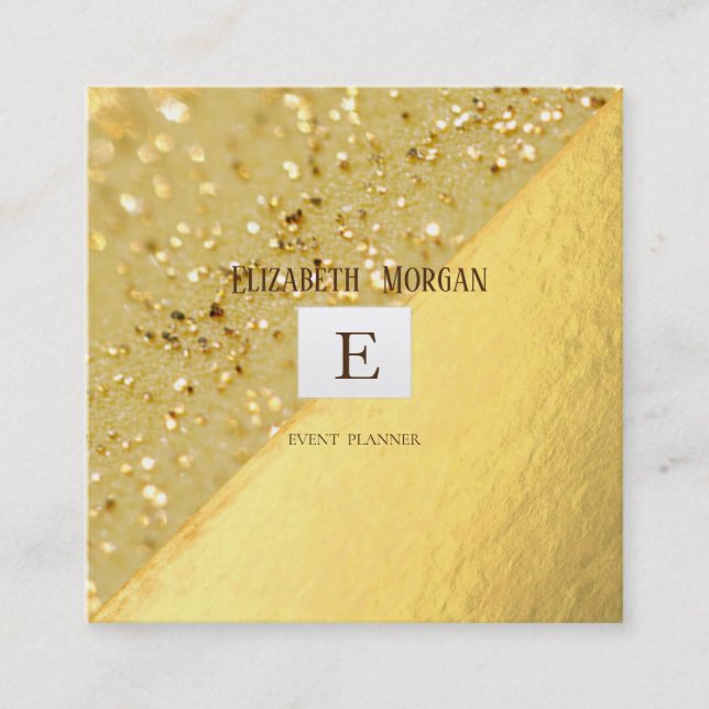 Elegant Modern Monogram Gold,Glitter Bokeh Square Business Card (Front)