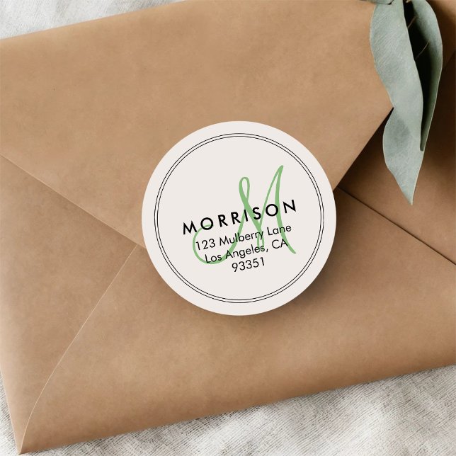 Elegant Modern Monogram Green Return Address Classic Round Sticker (Creator Uploaded)