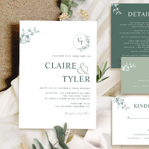 Elegant Modern Monogram Green Wedding Invitation