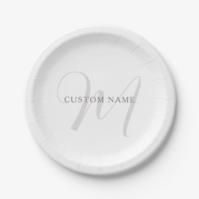 Elegant Modern Monogram | Grey & White (editable) Paper Plate (Front)