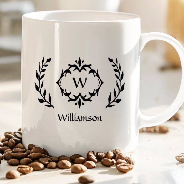 Elegant Modern Monogram Laurel Wreath Trendy Black Coffee Mug (Creator Uploaded)