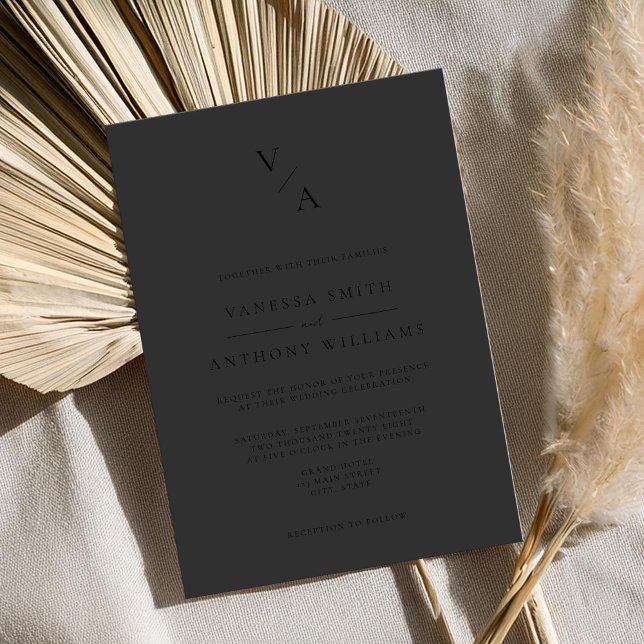 Elegant Modern Monogram Matte Black Wedding Invitation (Creator Uploaded)