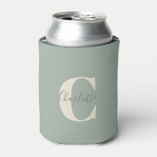 Elegant Modern Monogram Name in Sage Green Can Cooler