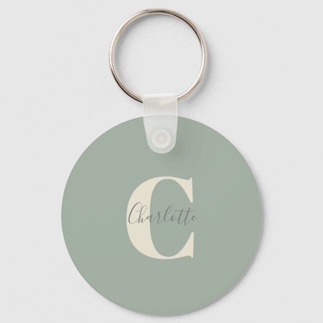 Elegant Modern Monogram Name in Sage Green  Keychain (Front)