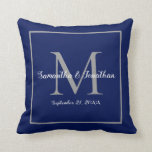 Elegant Modern Monogram Navy Blue Wedding Keepsake Throw Pillow<br><div class="desc">Here's a simple, elegant wedding keepsake gift for the bride and groom. This design features the couple's monogram initial in gray together with their names and wedding date in an trendy script typography on a navy blue background. All this encircled by a gray border. All text is easily customizable using...</div>