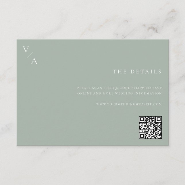Elegant Modern Monogram Sage Green Wedding Enclosure Card (Front)