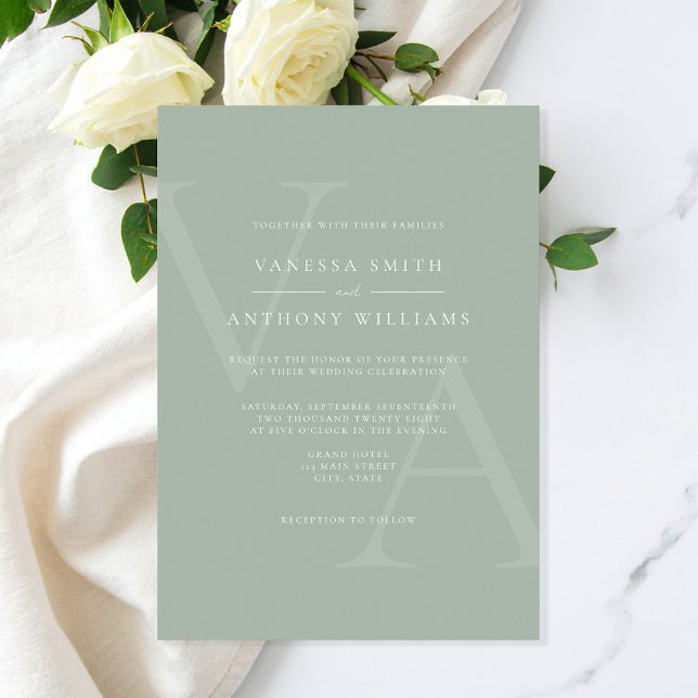 Elegant Modern Monogram Sage Green Wedding Invitation (Creator Uploaded)