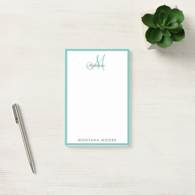 Elegant Modern Monogram Simple Girly Teal  Post-it Notes (Office)