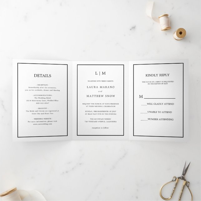 Elegant Modern Monogram Simple Wedding Tri-Fold Invitation (Inside)