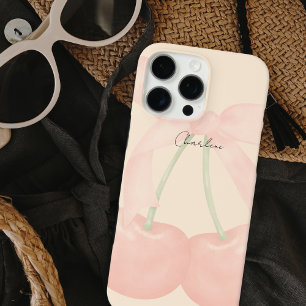 Elegant Modern Monogram Stylish Cherries Pink Bow iPhone 16 Pro Max Case