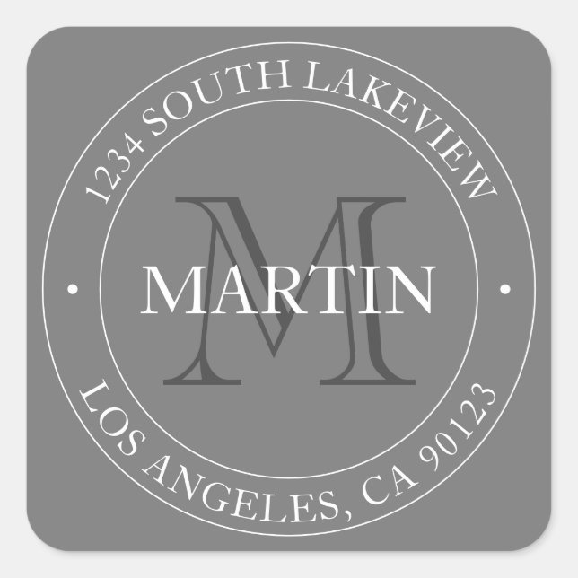 Elegant Modern Monogram White & Grey Square Sticker (Front)