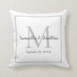 Elegant Modern Monogram White Wedding Keepsake Throw Pillow<br><div class="desc">Here's a simple, elegant wedding keepsake gift for the bride and groom. This design features the couple's monogram initial in gray together with their names and wedding date in an trendy script typography on a white background. All this encircled by a gray border. All text is easily customizable using the...</div>