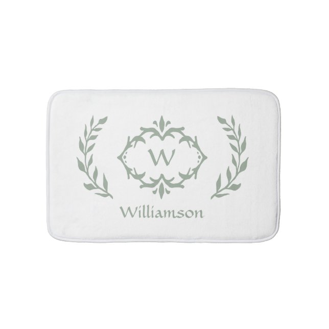Elegant Modern Monogram Wreath Sage Green White Bath Mat (Front)