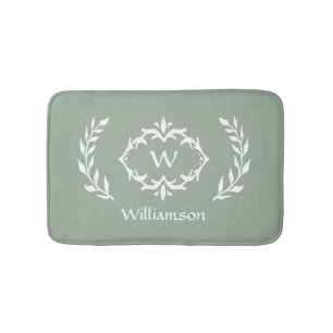 Elegant Modern Monogram Wreath Sage Green White  Bath Mat
