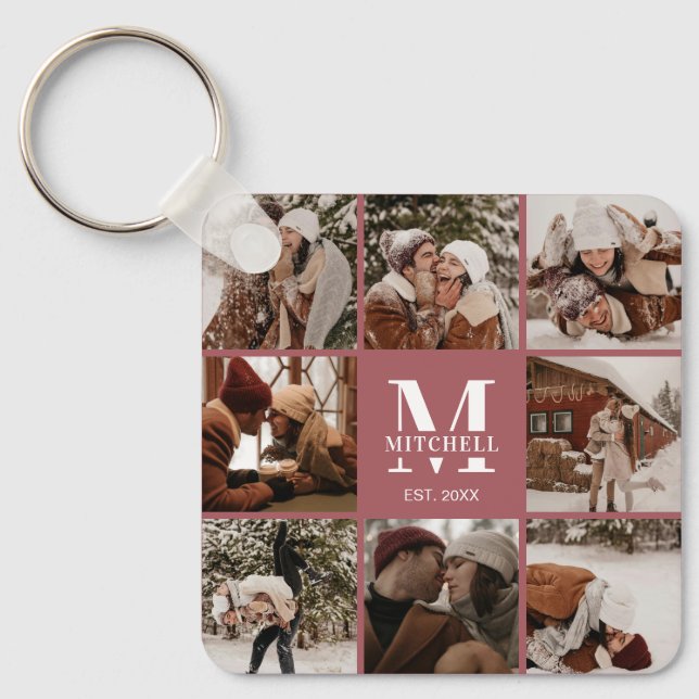 Elegant Modern Monogrammed Couple Photo Collage Keychain (Front)