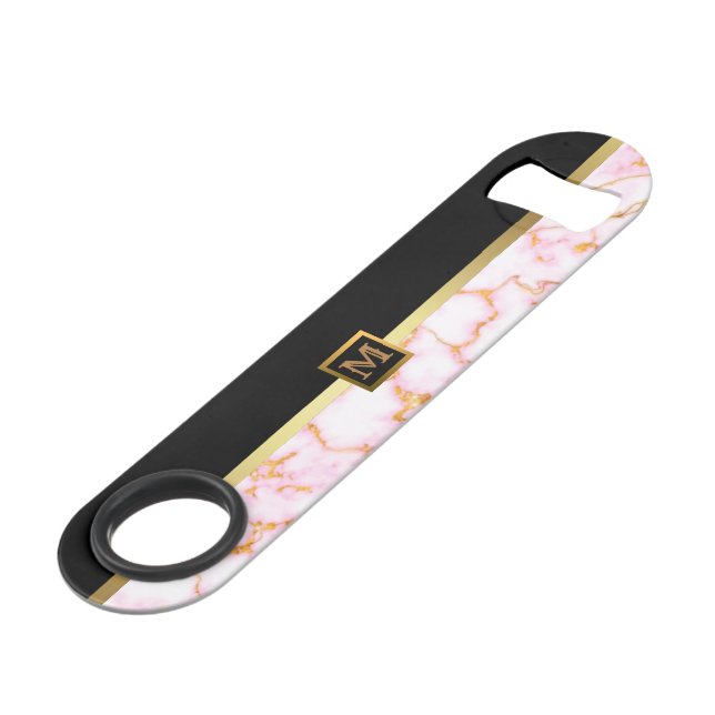 Elegant Modern Monogrammed Marble Black Gold Bar Key (Front Angled)