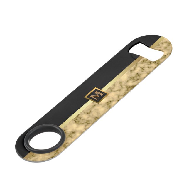 Elegant Modern Monogrammed Marble Black Gold Bar Key (Front Angled)