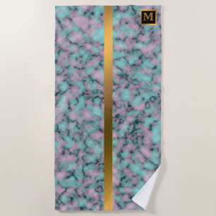 Elegant Modern Monogrammed Marble Black Gold Beach Towel