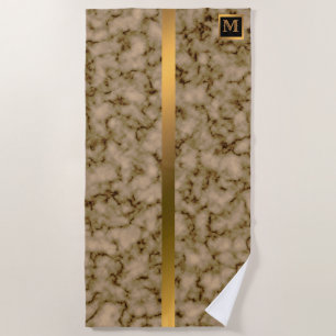 Elegant Modern Monogrammed Marble Black Gold Beach Towel
