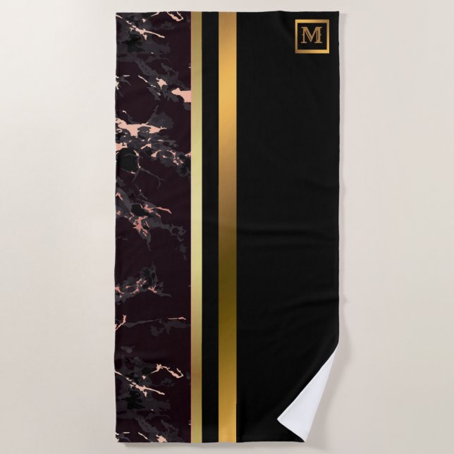 Elegant Modern Monogrammed Marble Black Gold Beach Towel (Front)